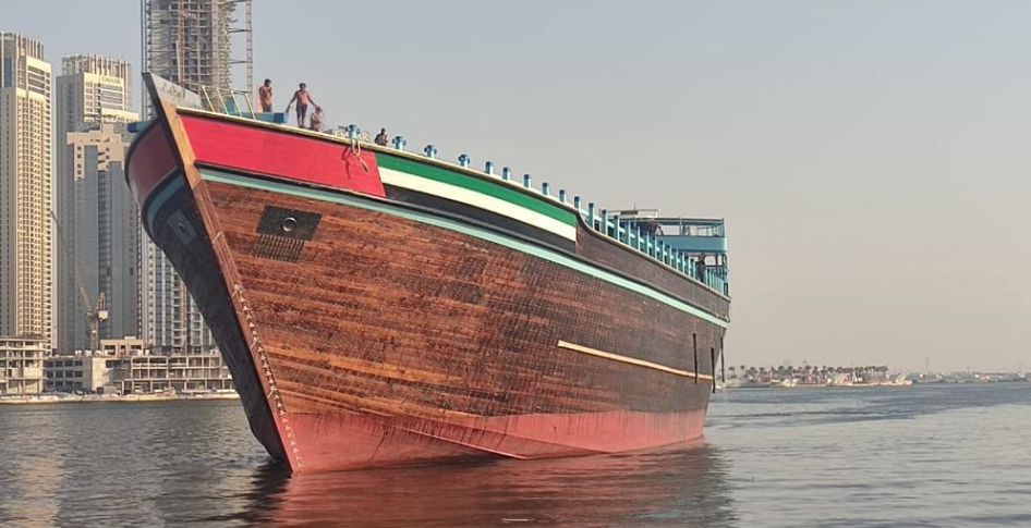 A mighty dhow sails off the shore of Dubai, recognised as the world’s largest
